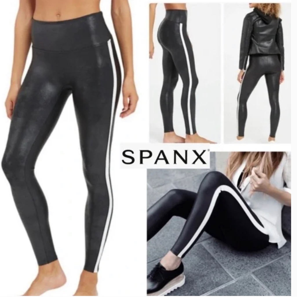 Spanx Faux Leather Leggings For Women Tummy Control With Side Stripe Size M/M